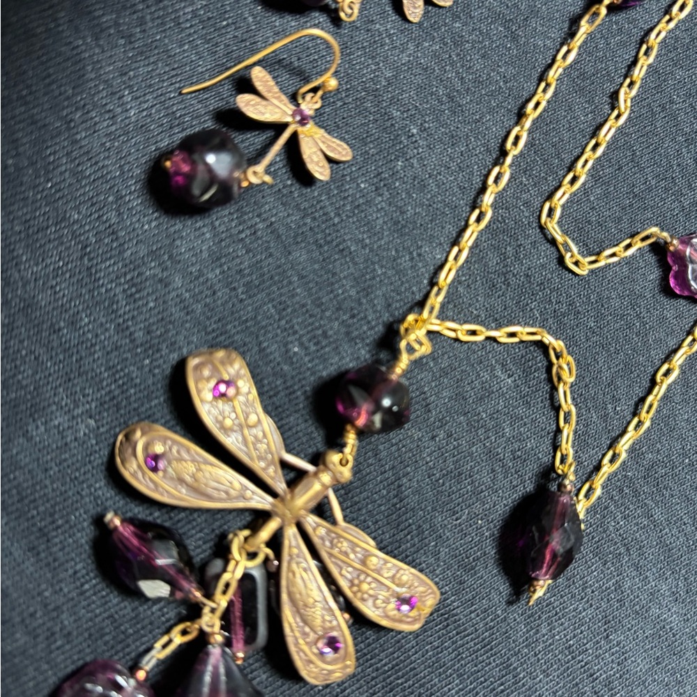 Elegant Gold and Handcrafted Purple Dragonfly Necklace and Earring Set